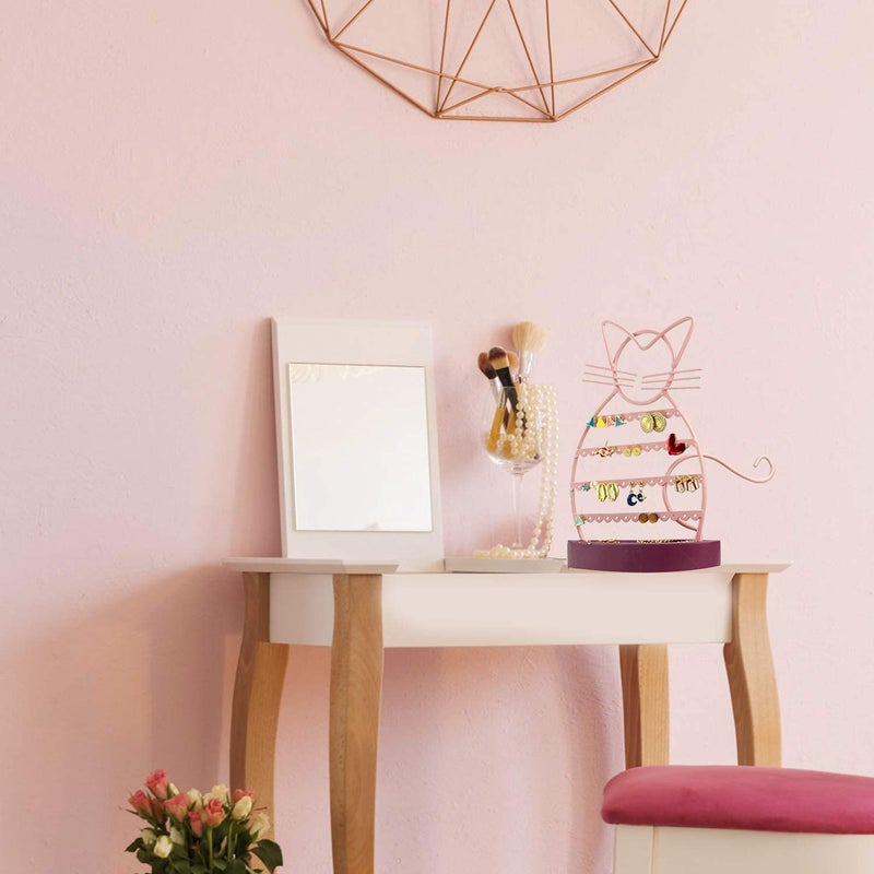 ERYTLLY Earring Holder Organizer, Cat Shaped Earring Organizer Stand With Wood Base Necklace Holder Organizer-47 Stud Earrings Holes Bracelet Holder (Pastel Pink) - Image 5